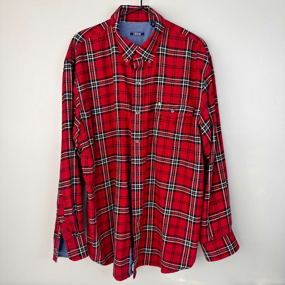 IZOD Red Black Plaid Flannel Button Down Mens XL Tall